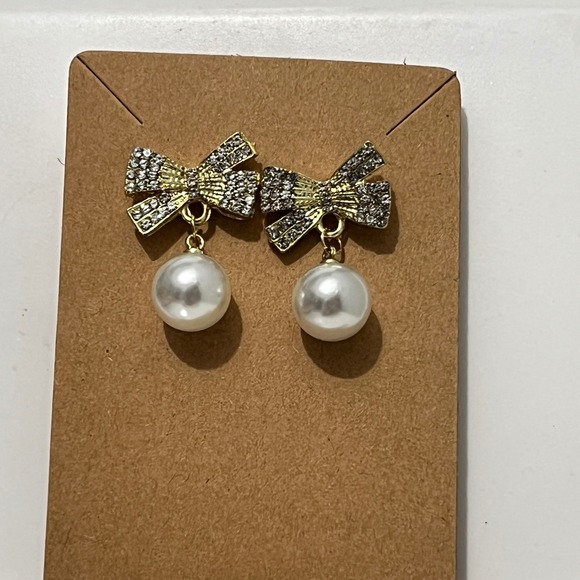 Gold Tone Rhinestone Bow Pearl Drop Earrings Women‎ Holiday Event - Picture 4 of 6